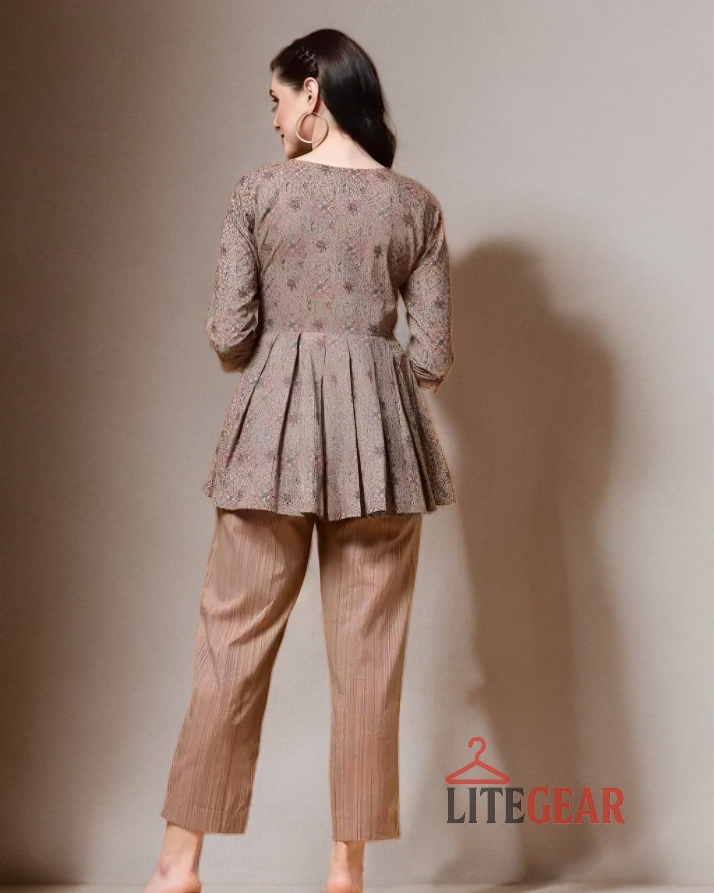 Women’s Brown Pleated Top & Striped Pants Set – LiteGear | Stylish 2‑Piece Co‑Ord