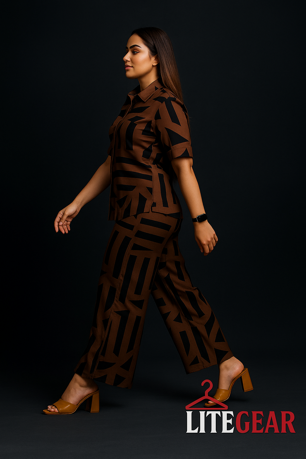 LiteGear Women’s Brown & Black Geometric Co-ord Set (Shirt & Wide-Leg Pants)