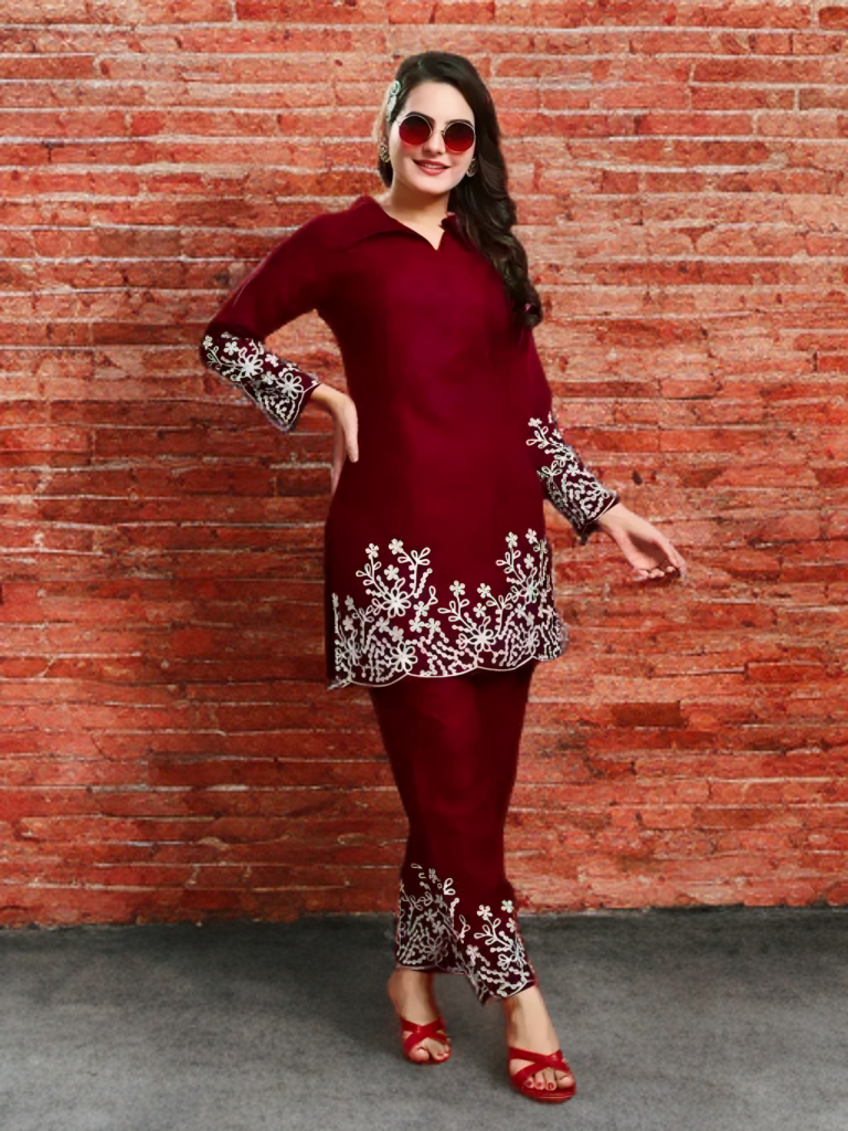 Premium Maroon Embroidered Cotton Kurti Set โ Top & Bottom Combo