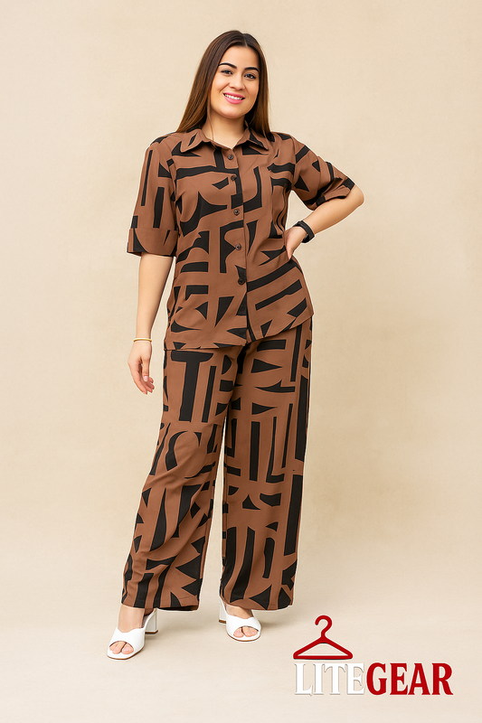 LiteGear Women’s Brown & Black Geometric Co-ord Set (Shirt & Wide-Leg Pants)