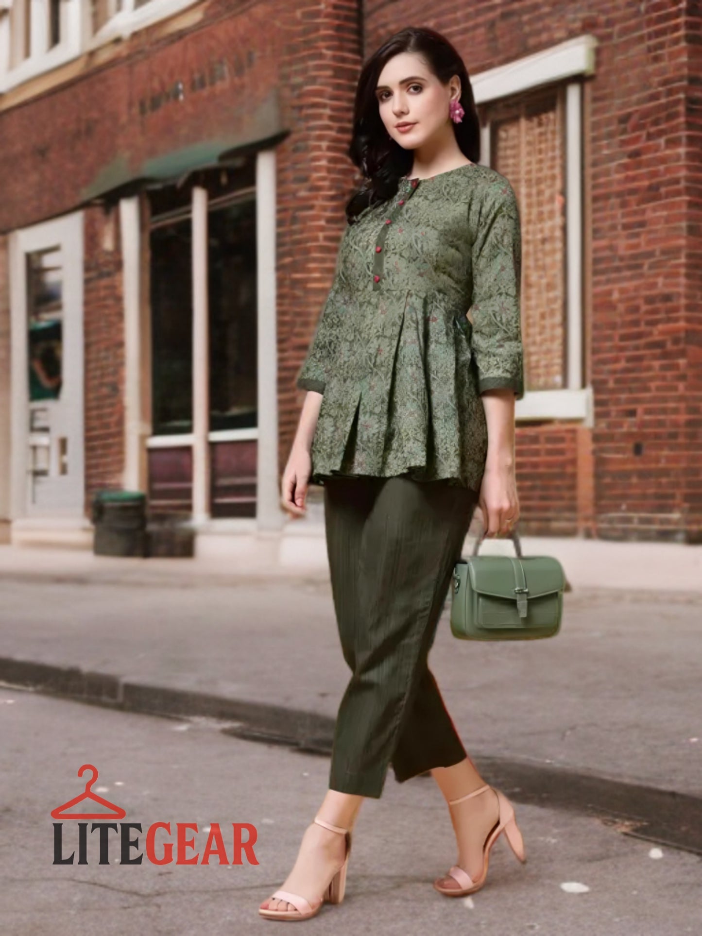 Women’s Green Pleated Top & Striped Pants Set – LiteGear | Stylish 2‑Piece Co‑Ord