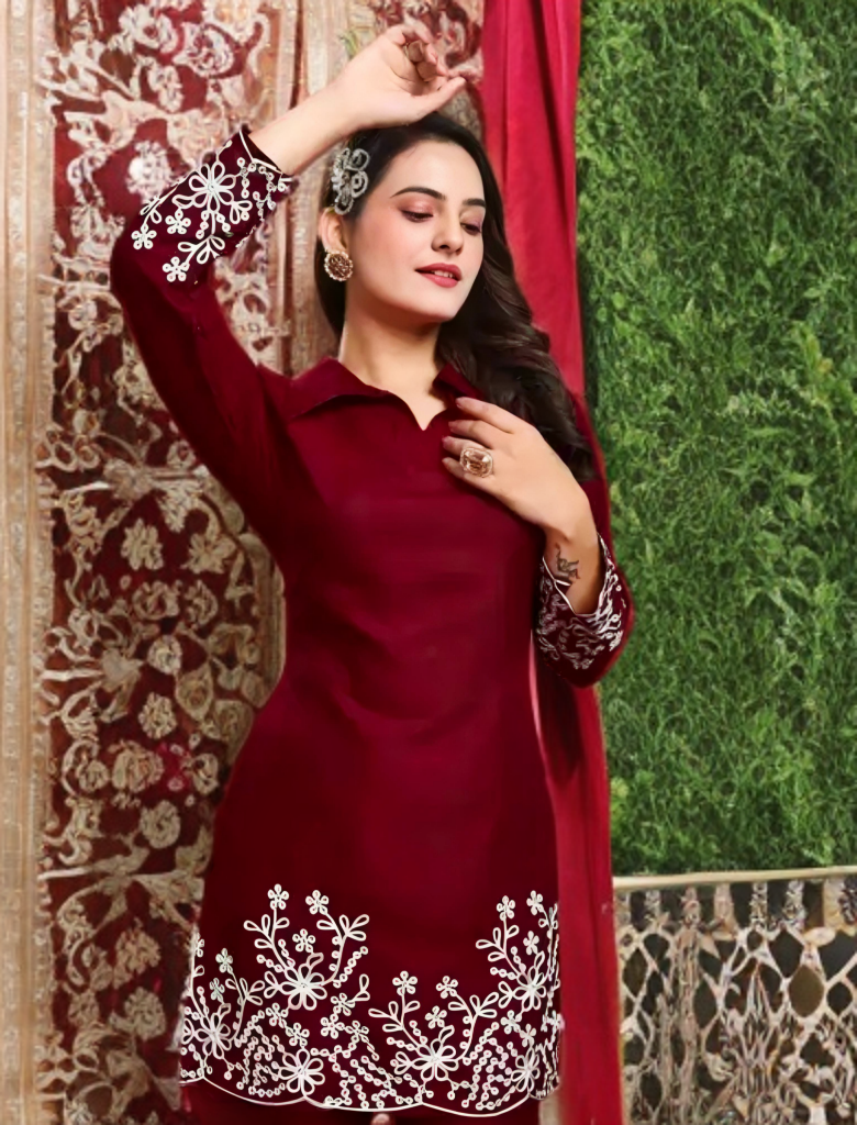Premium Maroon Embroidered Cotton Kurti Set โ Top & Bottom Combo