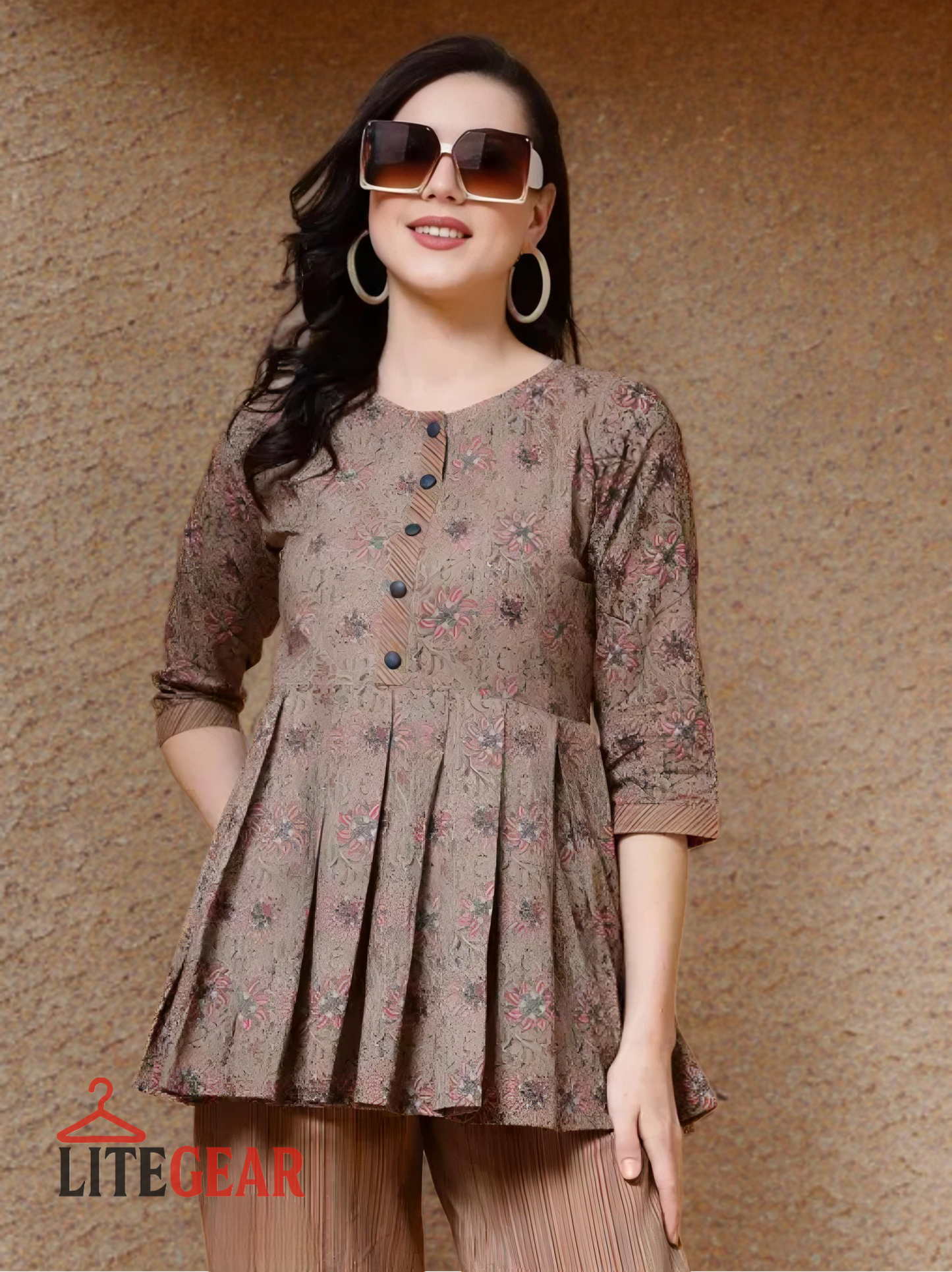 Women’s Brown Pleated Top & Striped Pants Set – LiteGear | Stylish 2‑Piece Co‑Ord