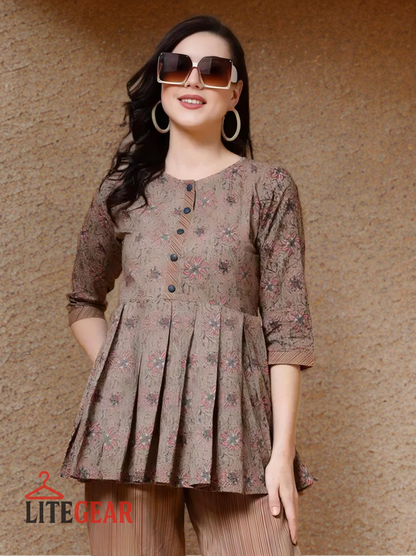 Women’s Brown Pleated Top & Striped Pants Set – LiteGear | Stylish 2‑Piece Co‑Ord