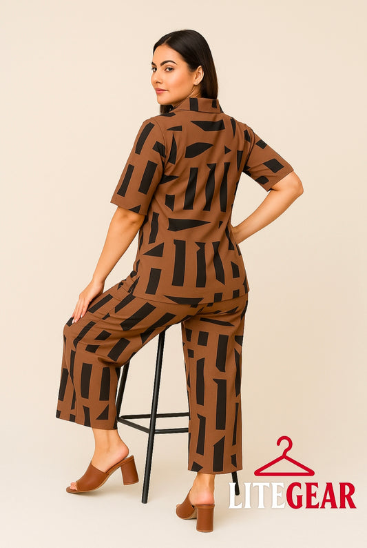 LiteGear Women’s Brown & Black Geometric Co-ord Set (Shirt & Wide-Leg Pants)