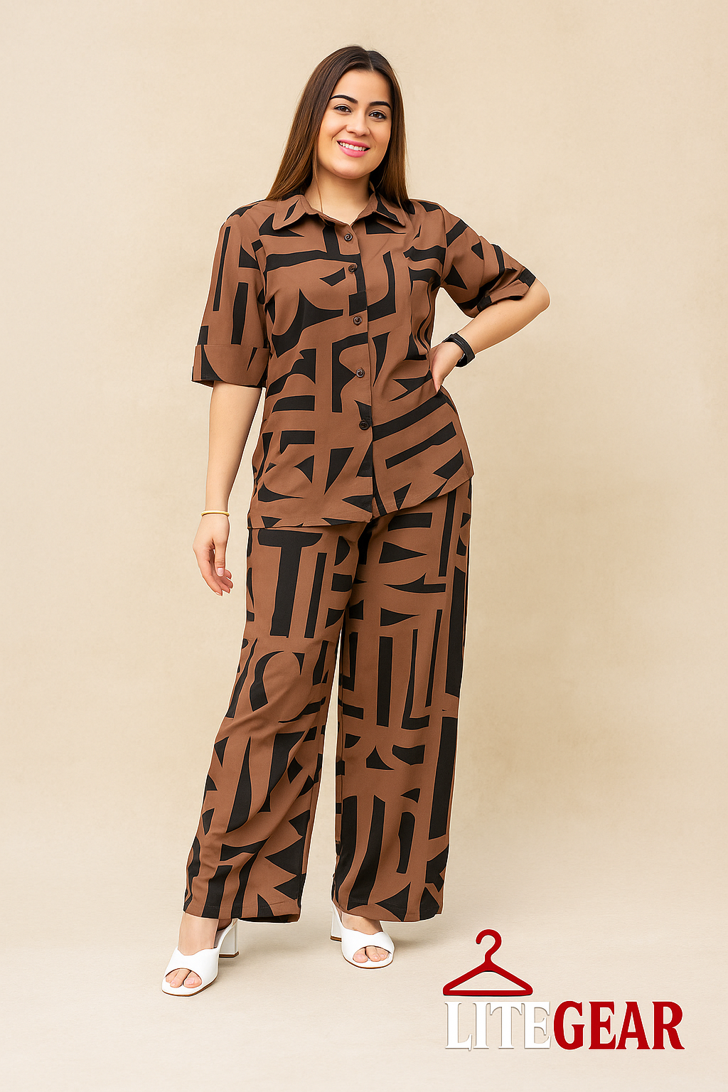 LiteGear Women’s Brown & Black Geometric Co-ord Set (Shirt & Wide-Leg Pants)