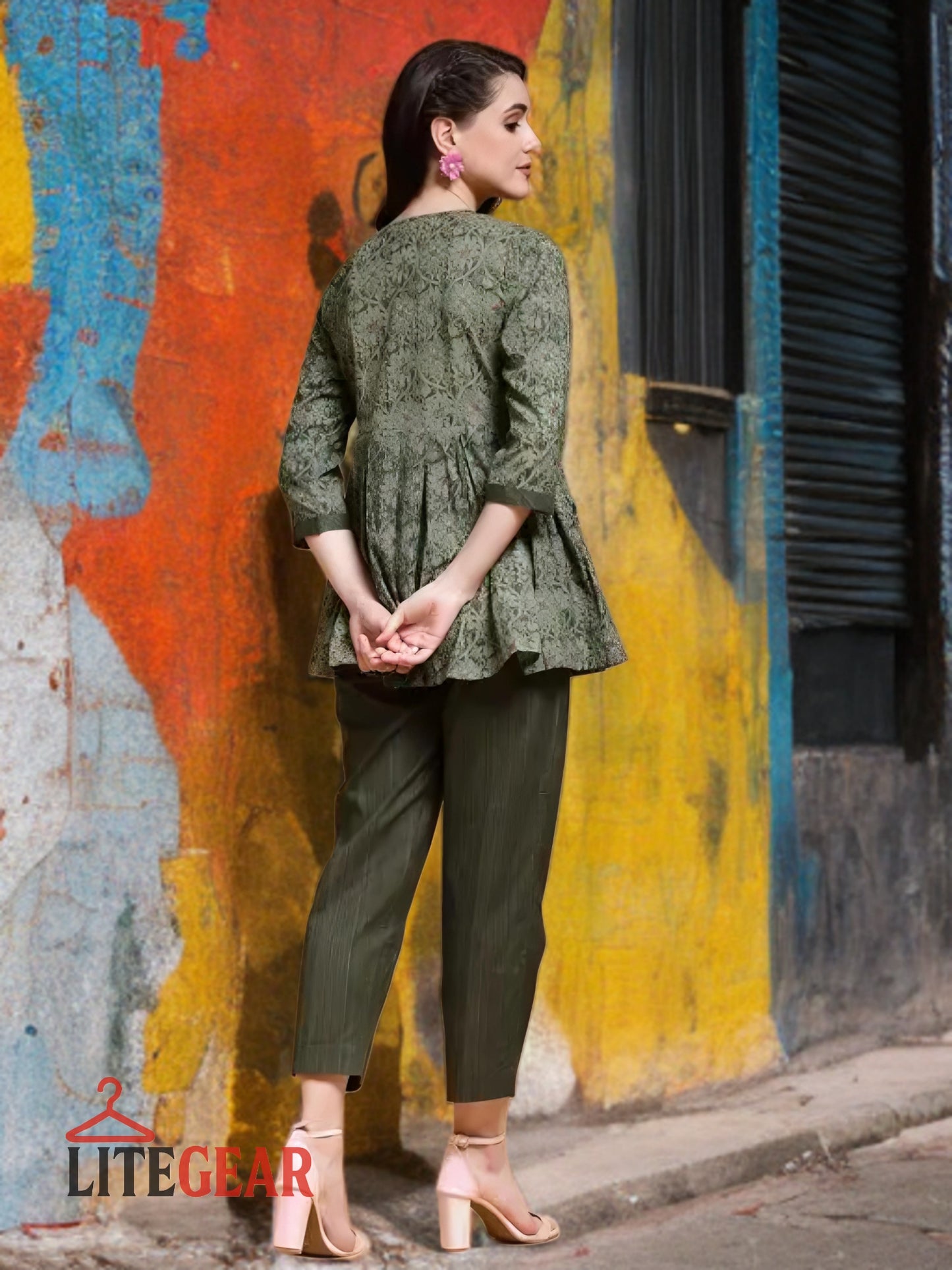 Women’s Green Pleated Top & Striped Pants Set – LiteGear | Stylish 2‑Piece Co‑Ord