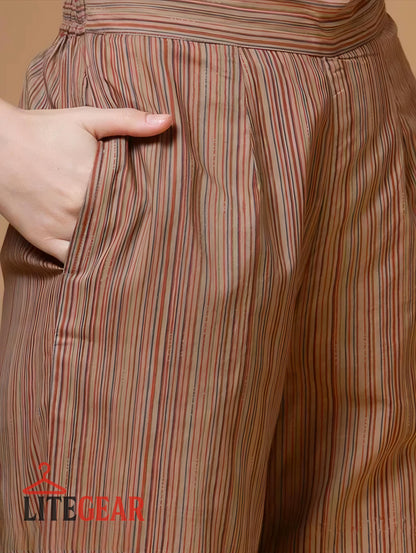 Women’s Brown Pleated Top & Striped Pants Set – LiteGear | Stylish 2‑Piece Co‑Ord