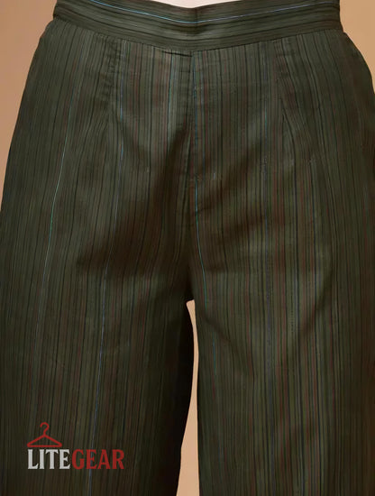 Women’s Green Pleated Top & Striped Pants Set – LiteGear | Stylish 2‑Piece Co‑Ord