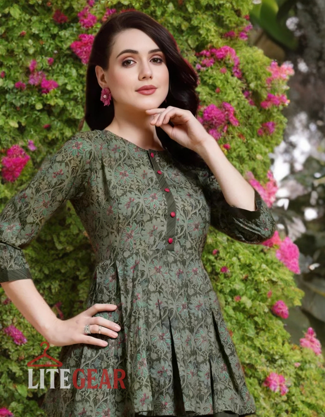 Women’s Green Pleated Top & Striped Pants Set – LiteGear | Stylish 2‑Piece Co‑Ord