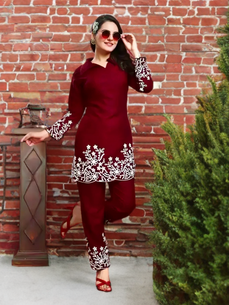 Premium Maroon Embroidered Cotton Kurti Set – Top & Bottom Combo